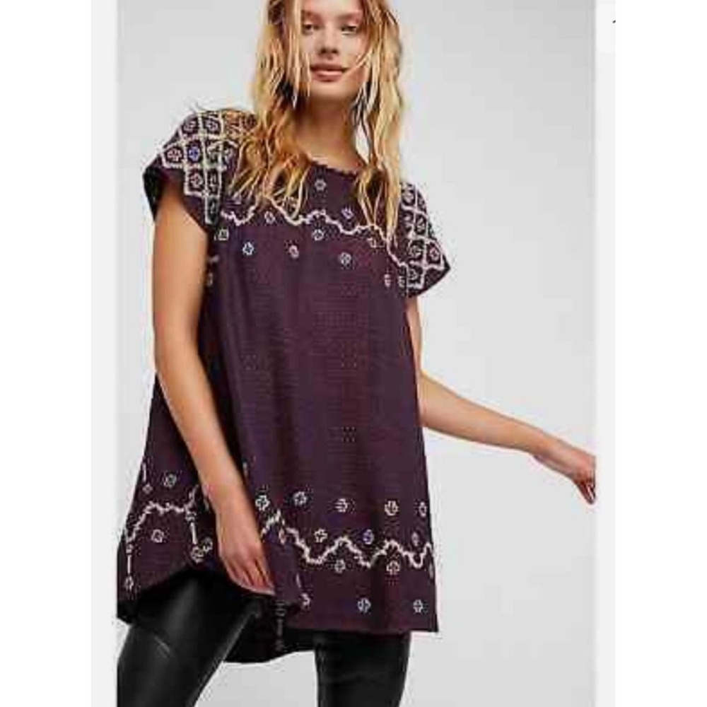 Free People Embroidered Cotton Tunic Dress Medium Boho Chic Earthy Lagenlook